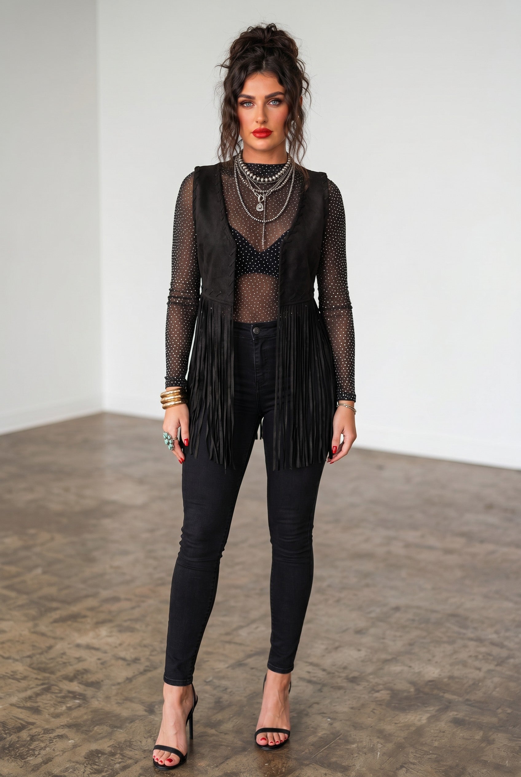 Black Faux Suede Fringe Whipstitch Western Vest