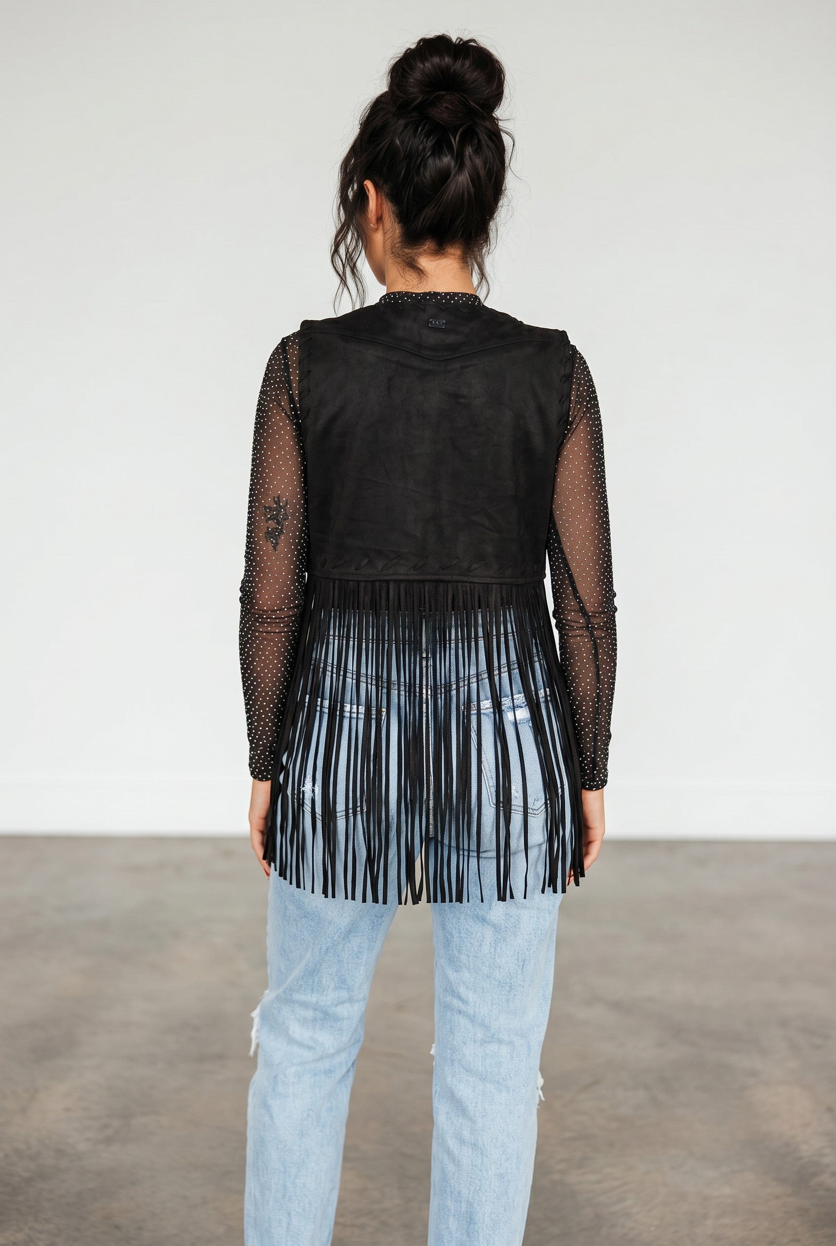 Black Faux Suede Fringe Whipstitch Western Vest