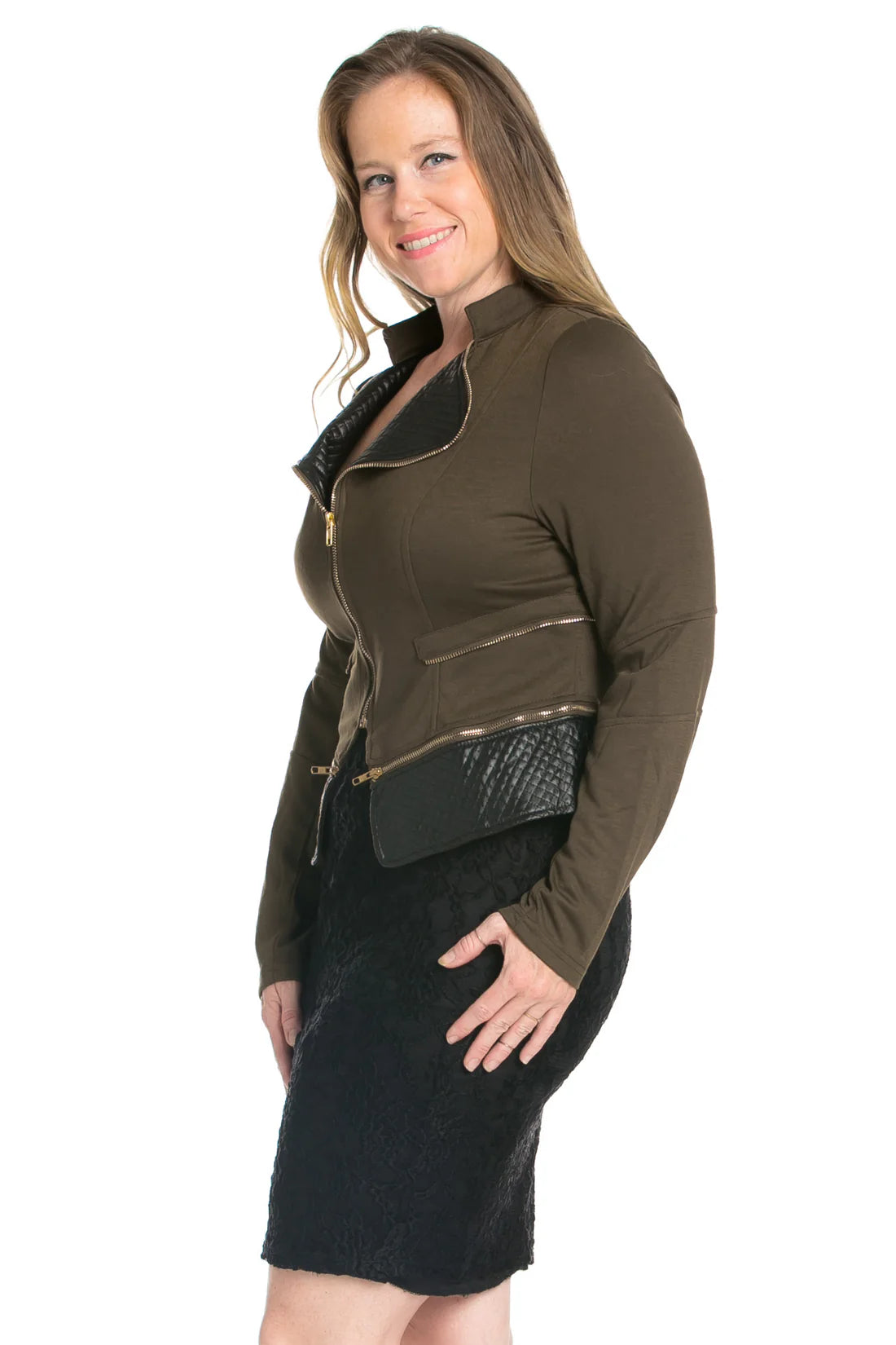 QUILTED PU DETAIL ZIPPER TRIM JACKET PLUS