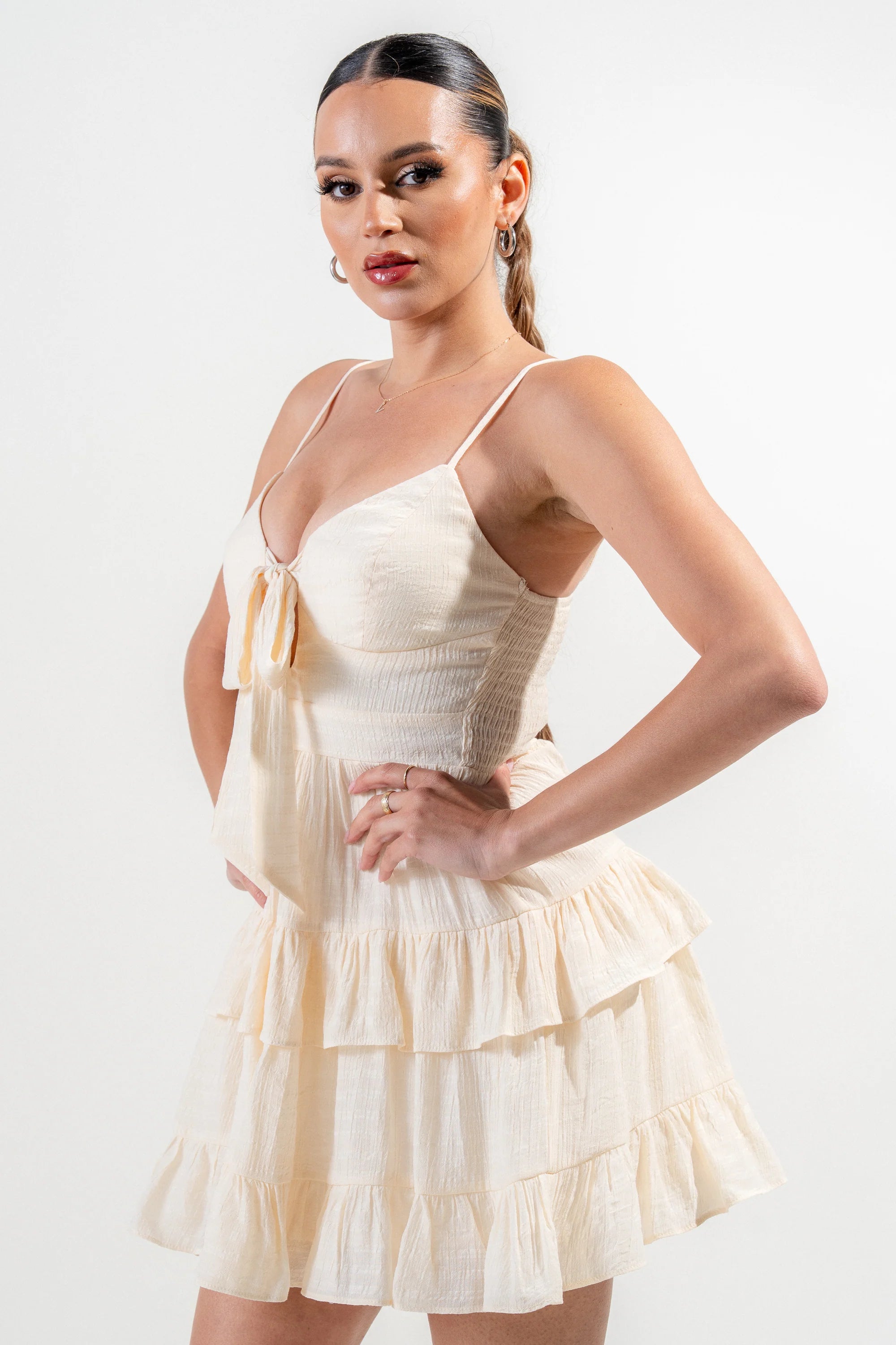 Gauze Tie Front Tiered Mini Dress