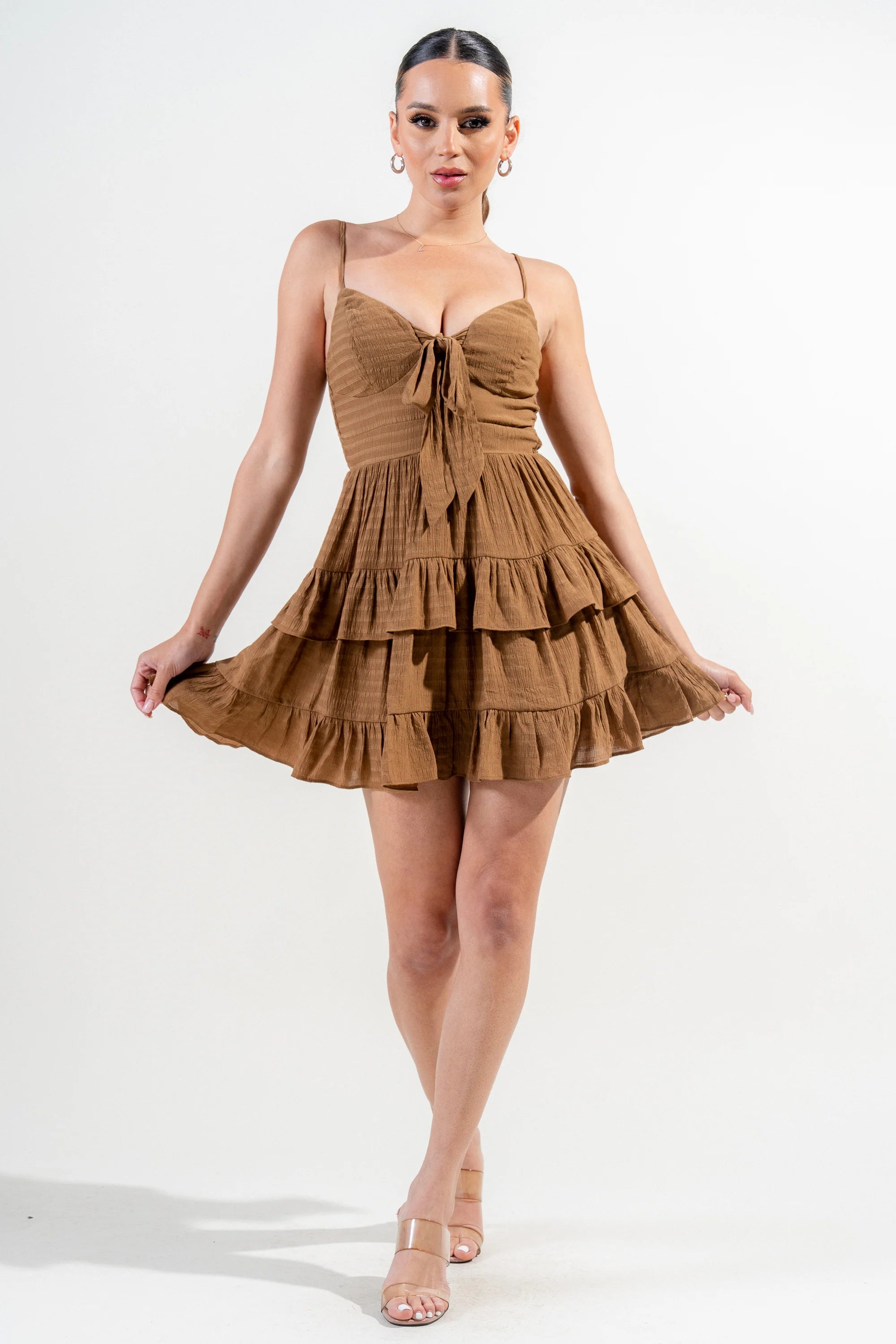 Gauze Tie Front Tiered Mini Dress