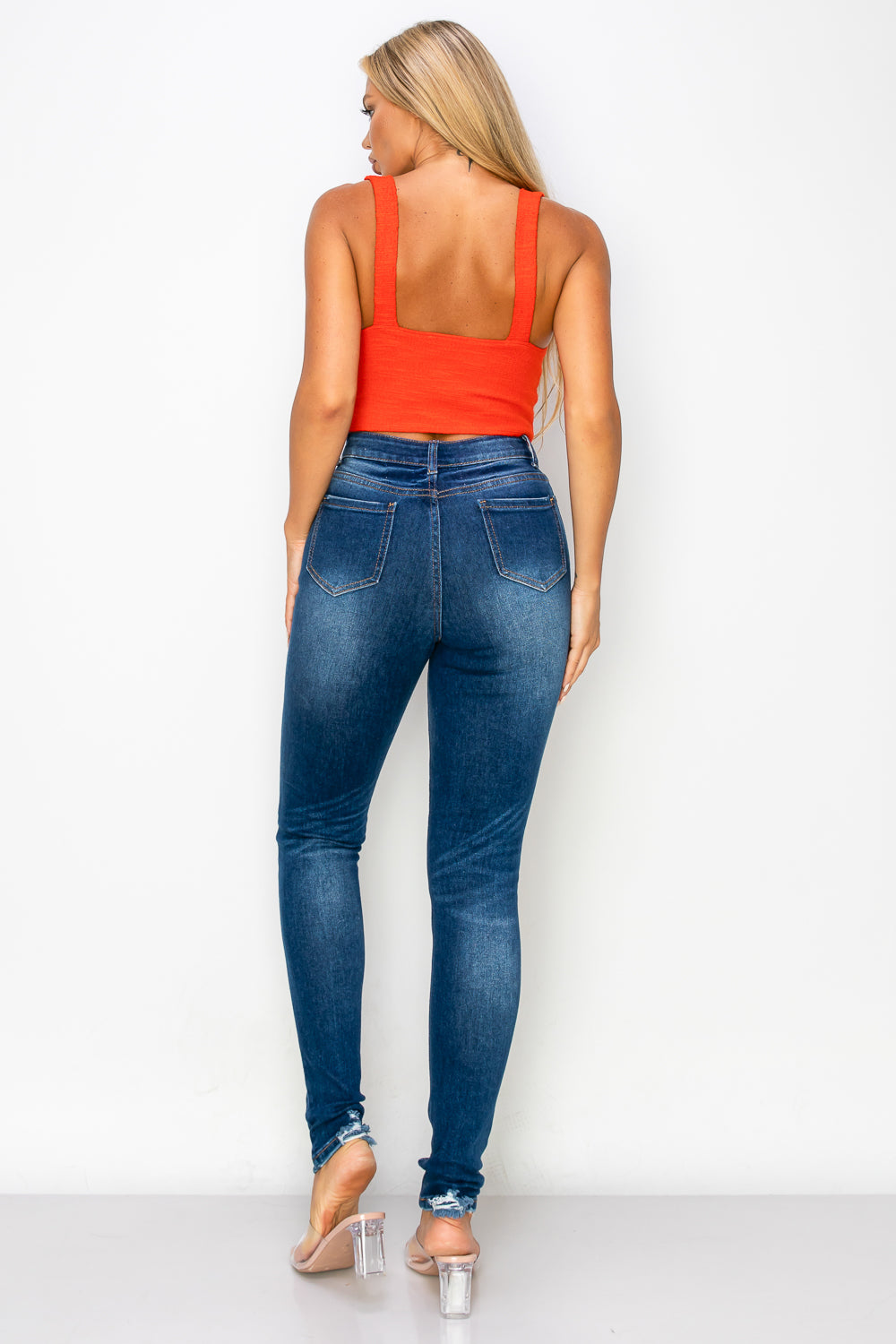 High-Waisted Dark Denim Skinny Jeans with Classic Lift Pockets