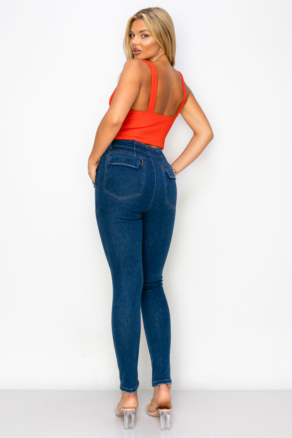 High-Waisted Pull-On Skinny Jeans with Clean Back Pockets