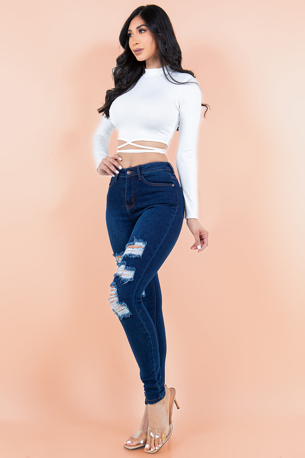 High-Waisted Distressed Skinny Jeans with Classic Back Pockets