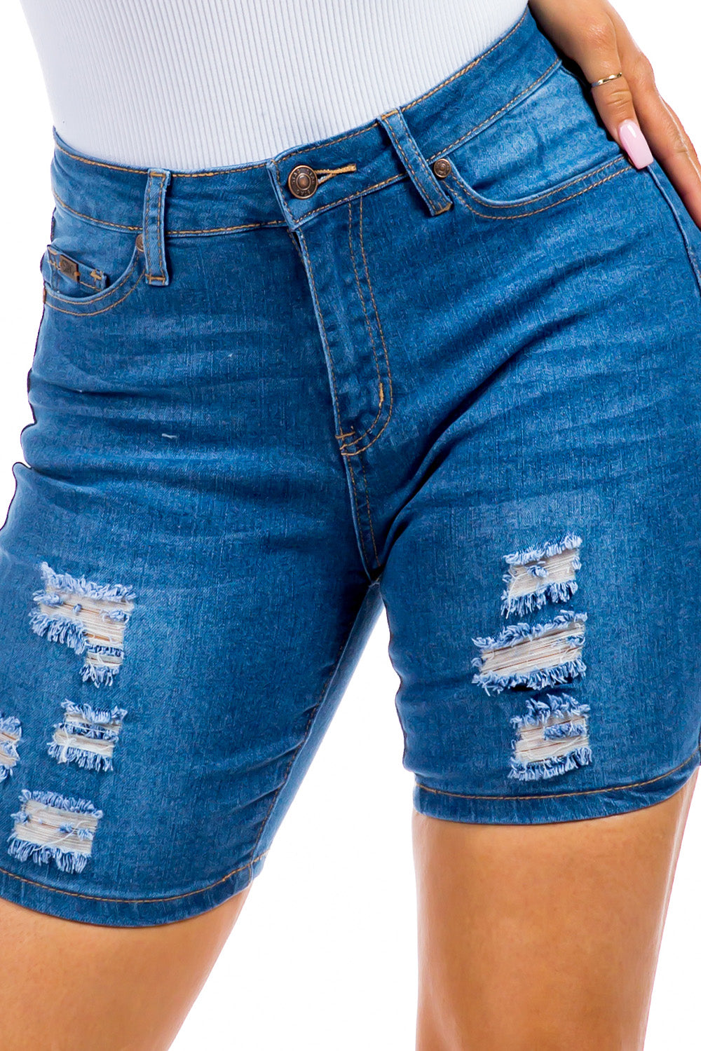 Stag Medium Blue Distressed High-Rise Denim Bermuda Shorts