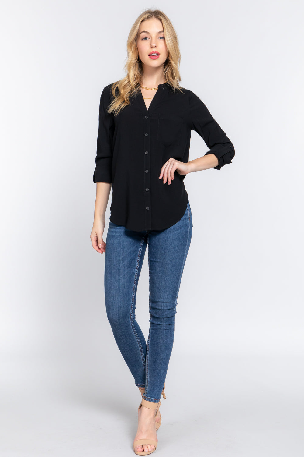 Split Round Neck Long Sleeve Woven Blouse