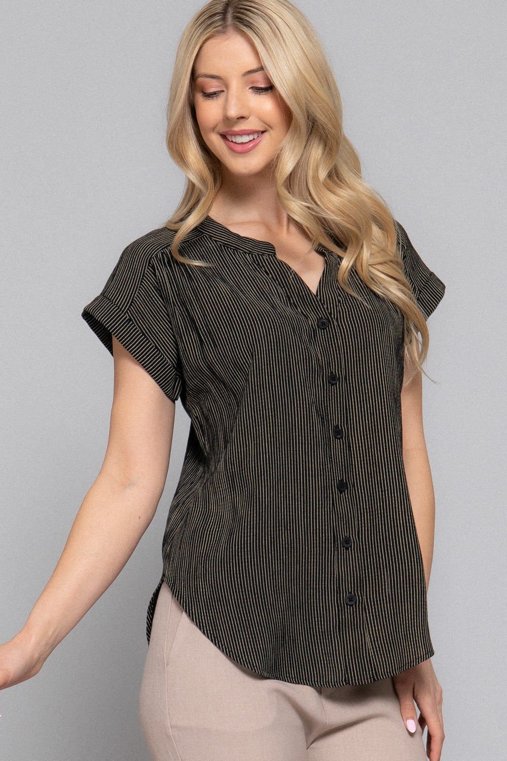Stripe Woven Dolman Sleeve V-Neck Button-Down Blouse
