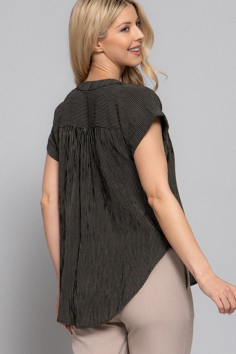 Black and taupe Stripe Woven Dolman Sleeve V-Neck Button-Down Blouse from Active USA, showing the relaxed fit and stylish design.