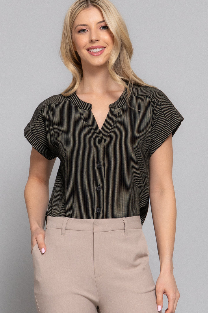 Black and taupe Stripe Woven Dolman Sleeve V-Neck Button-Down Blouse from Active USA, featuring a relaxed fit and stylish design.