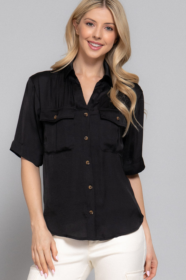 Black washed satin short sleeve button-down shirt from Active USA, stylish and smooth fabric, casual top for everyday wear.