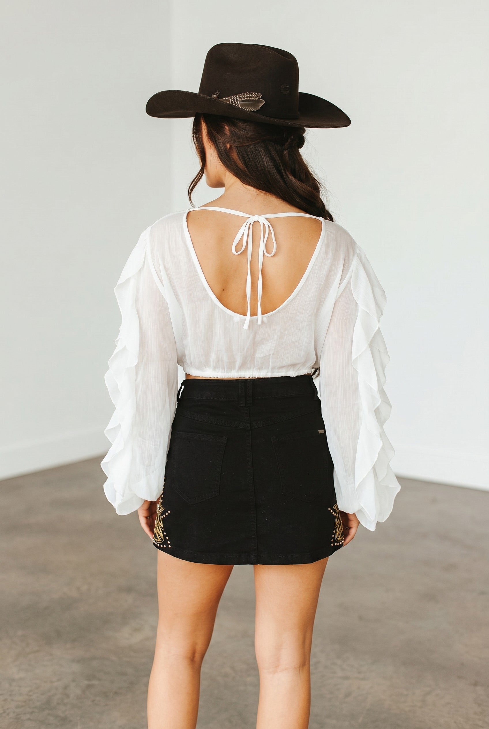 Ivory Cascade Ruffle Tie-Back Western Blouse