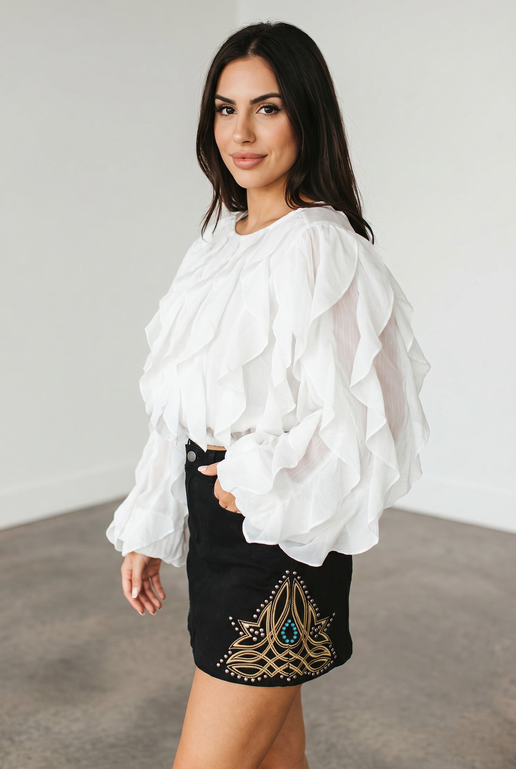 Ivory Cascade Ruffle Tie-Back Western Blouse