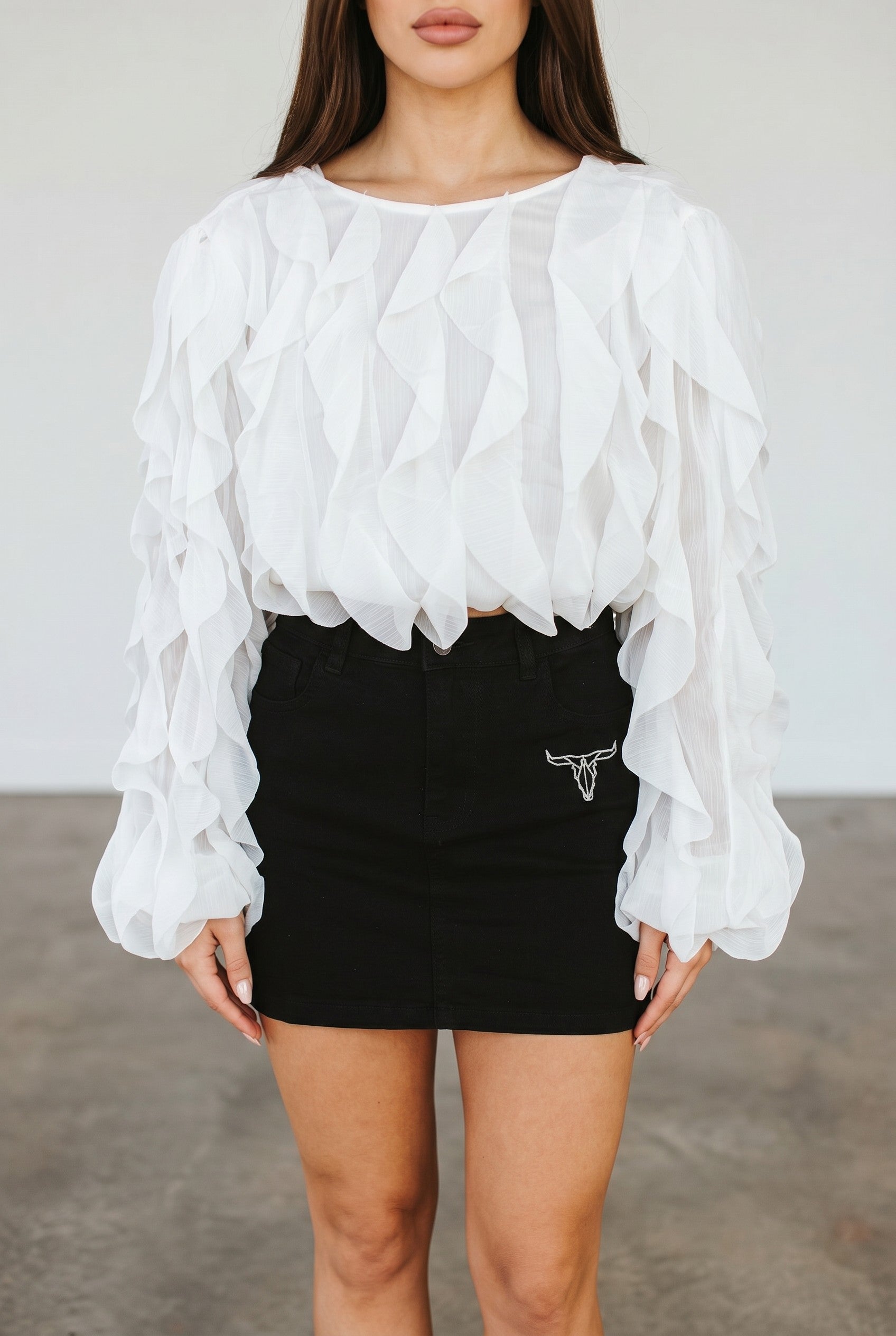 Ivory Cascade Ruffle Tie-Back Western Blouse