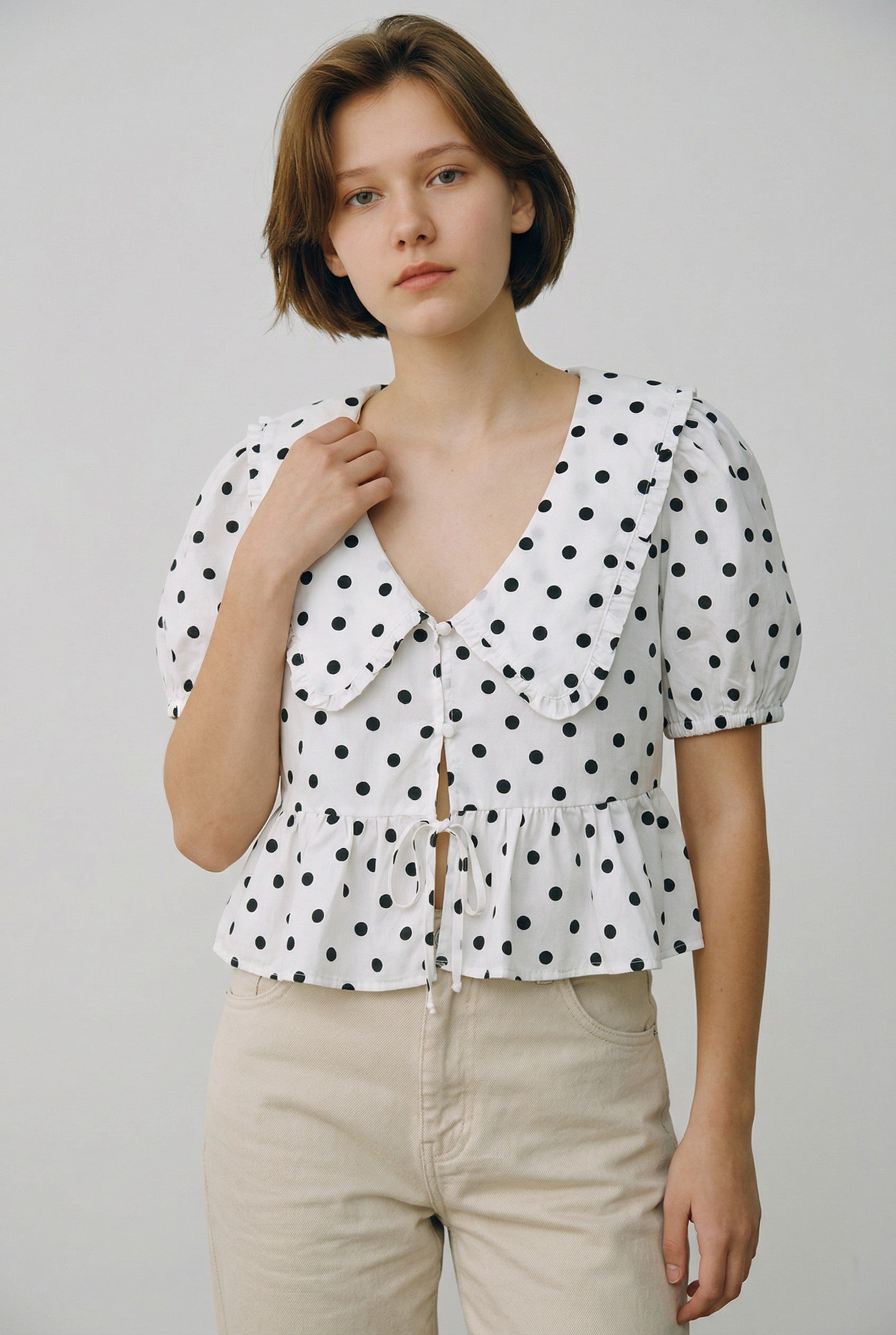 Polka Dot Ruffle Collar Peplum Top