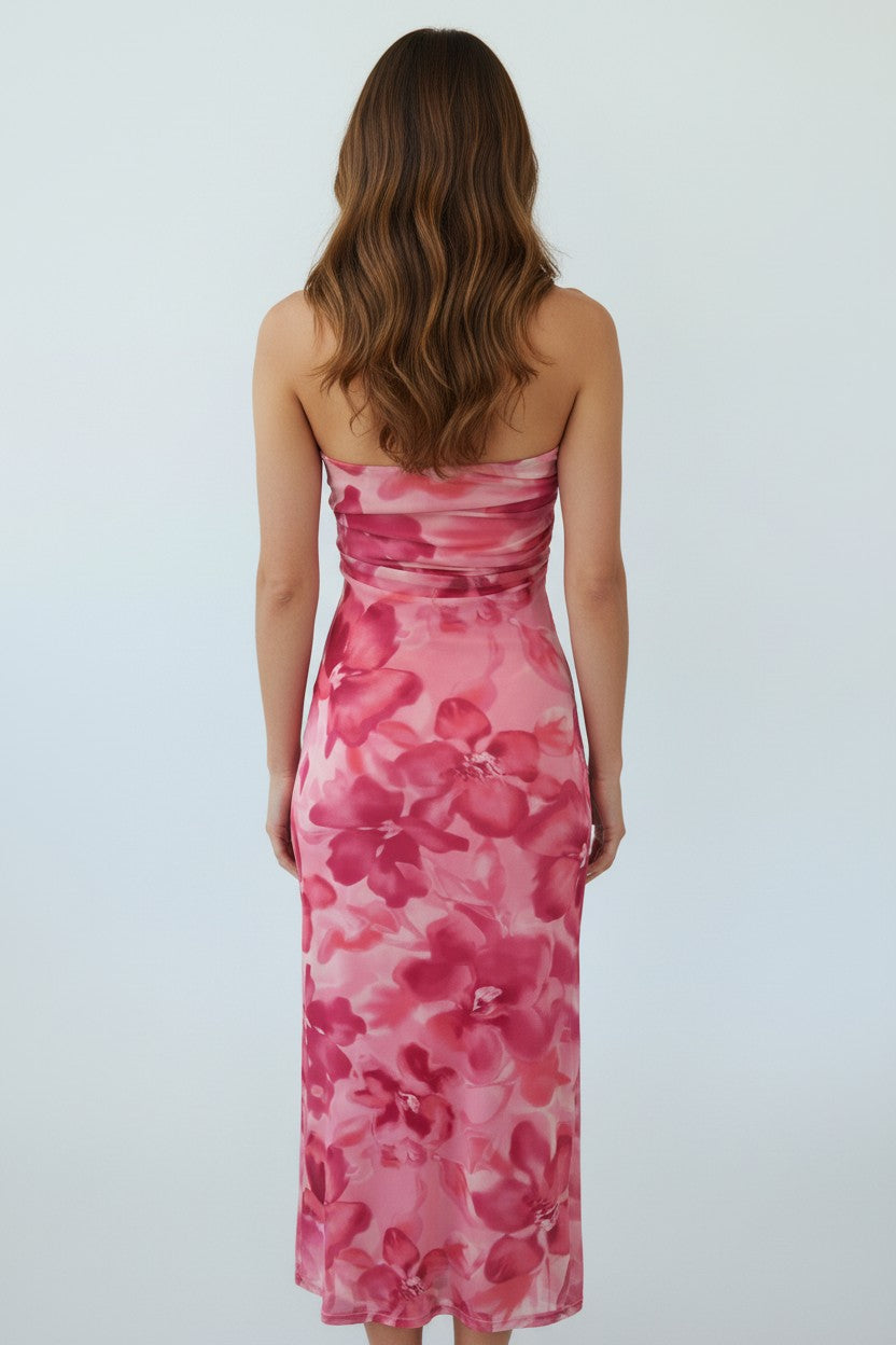 Pink Floral Strapless Midi Dress