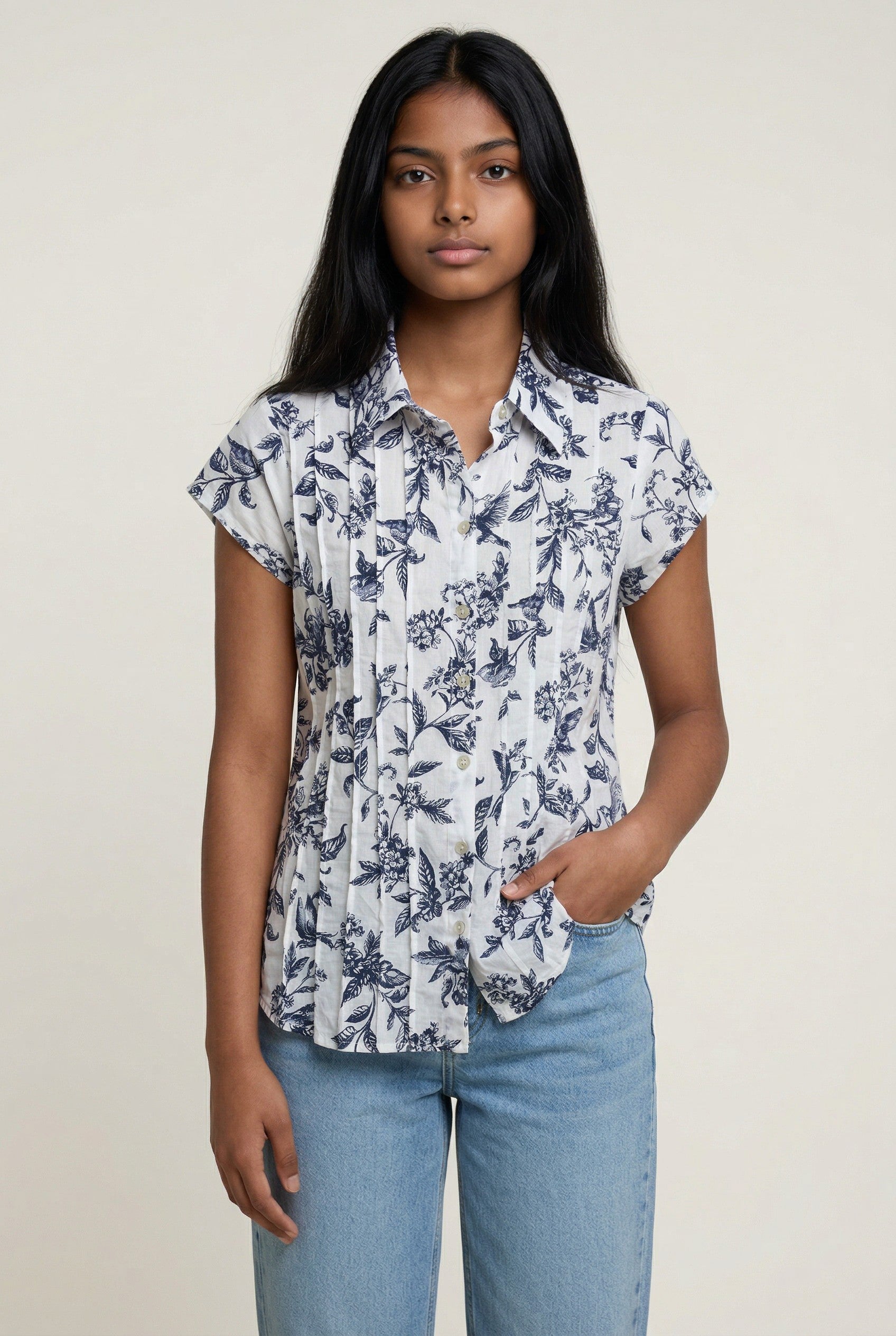 Blue Floral Button-Up Cap Sleeve Blouse