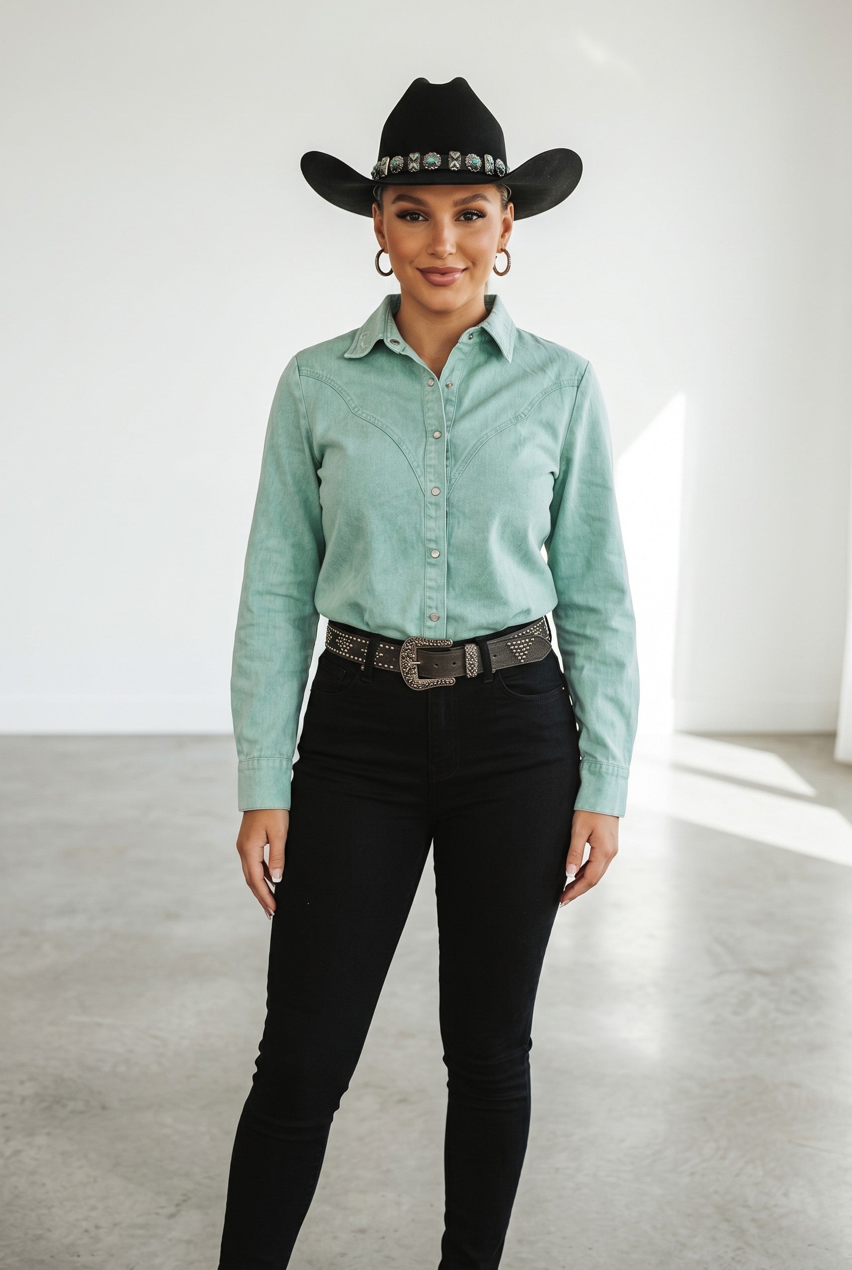 Dark & Mint Mineral Wash Western Snap Button Shirt