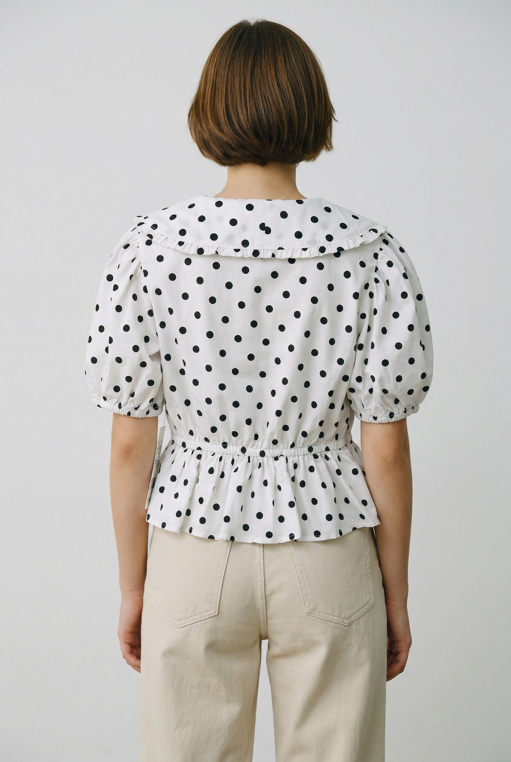 Polka Dot Ruffle Collar Peplum Top