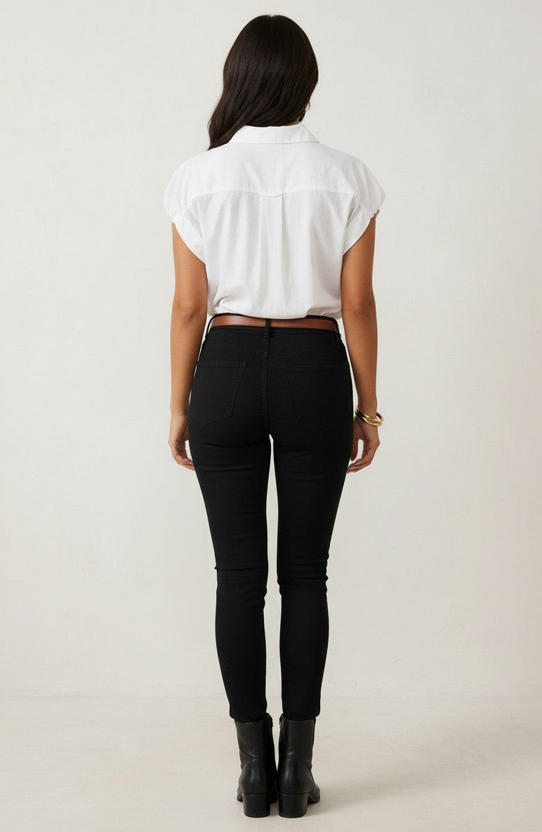 Gathered Shoulder Cap Sleeve Button-Up Top