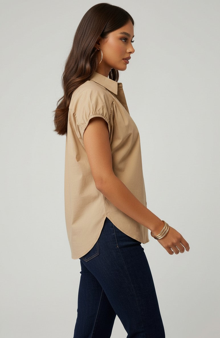 Gathered Shoulder Cap Sleeve Button-Up Top
