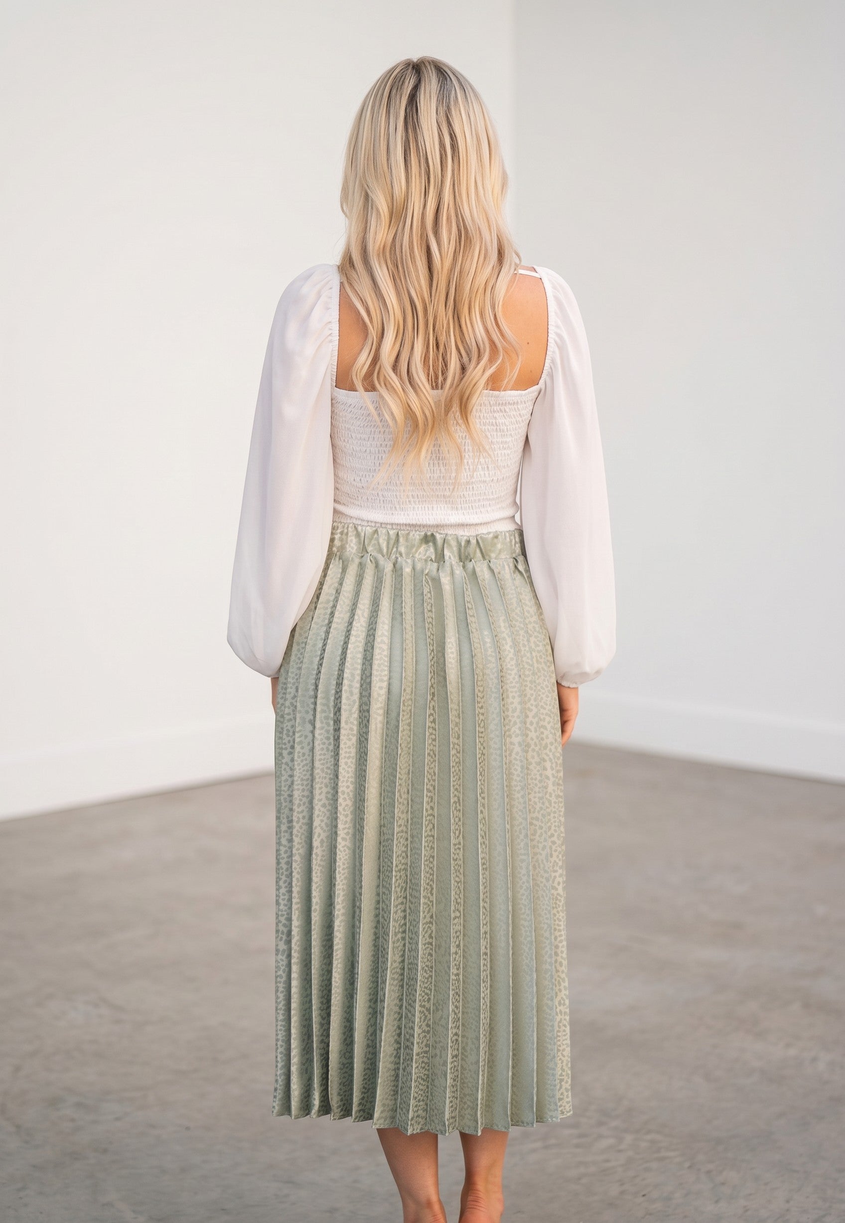 Sage Satin Pleated Midi Skirt