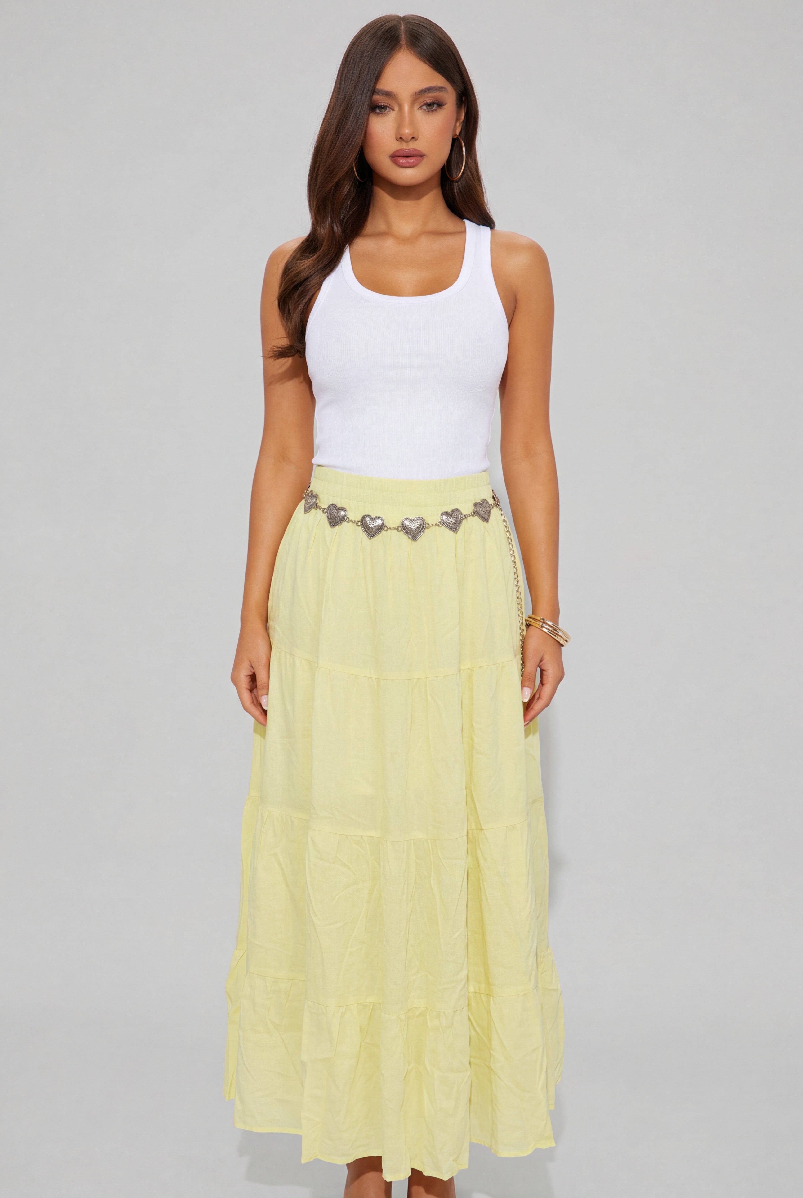 Tiered Crinkle Maxi Skirt with Heart Chain Belt