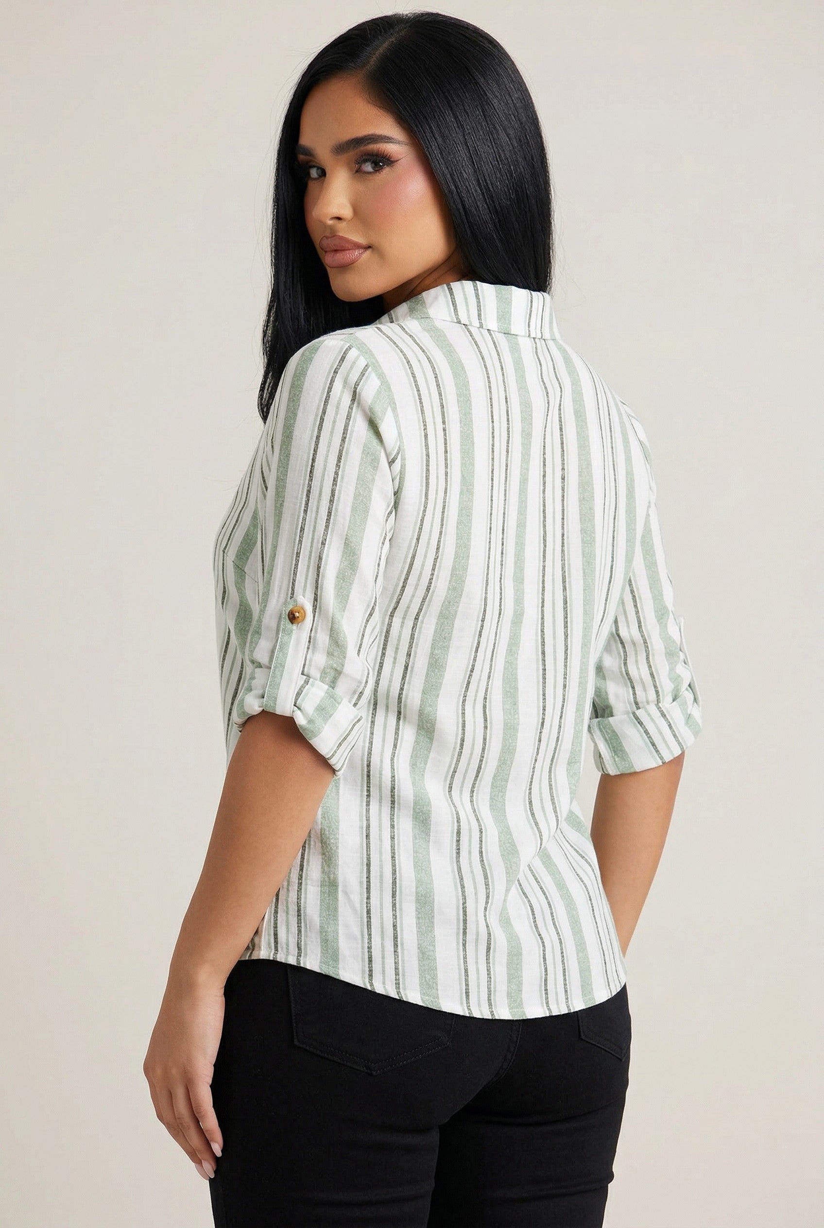 Striped Roll-Tab Sleeve Utility Shirt