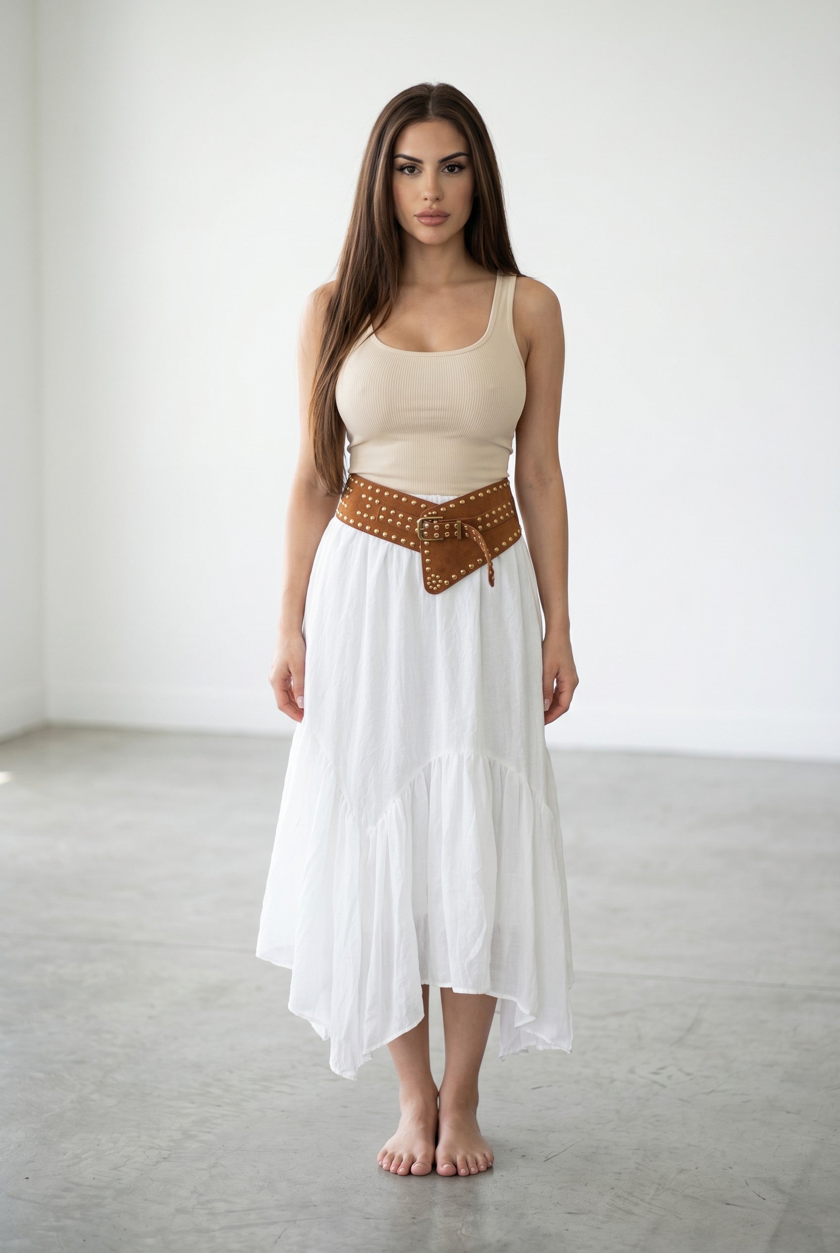Studded Belted Handkerchief Midi Skirt