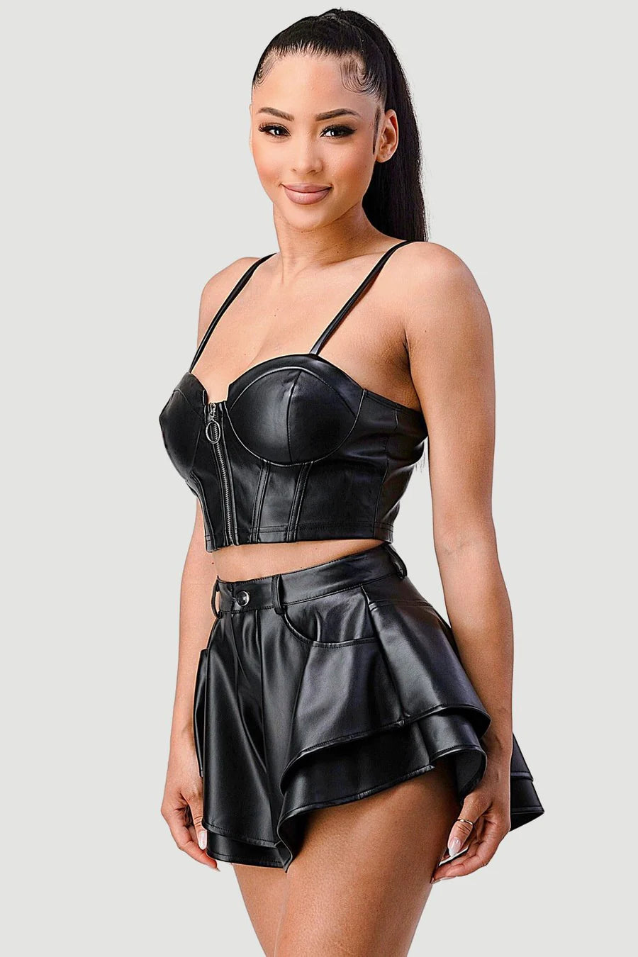 FAUX LEATHER CORSET TOP AND FLARED SHORTS SET