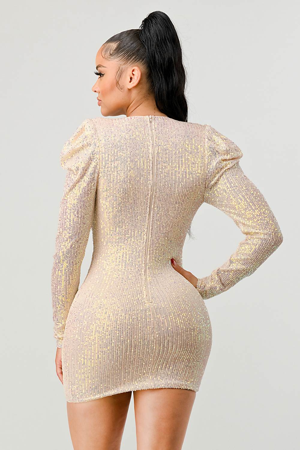 SEXY SEQUINS DEEP V-NECK GIGOT SLEEVE BODYCON MINI DRESS - Vella Moda