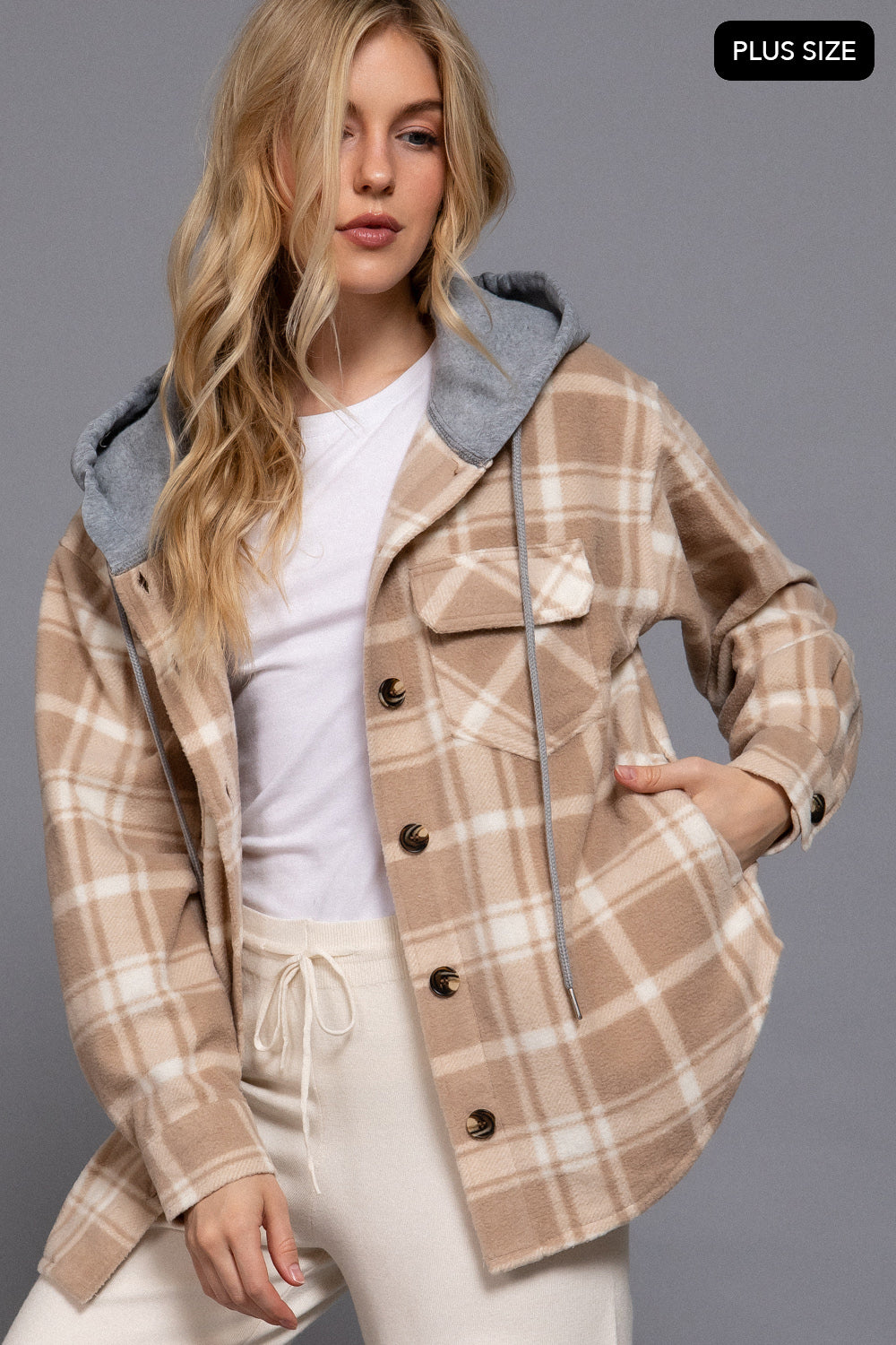 Plus Size Plaid Button Down Hoodie Fleece Jacket