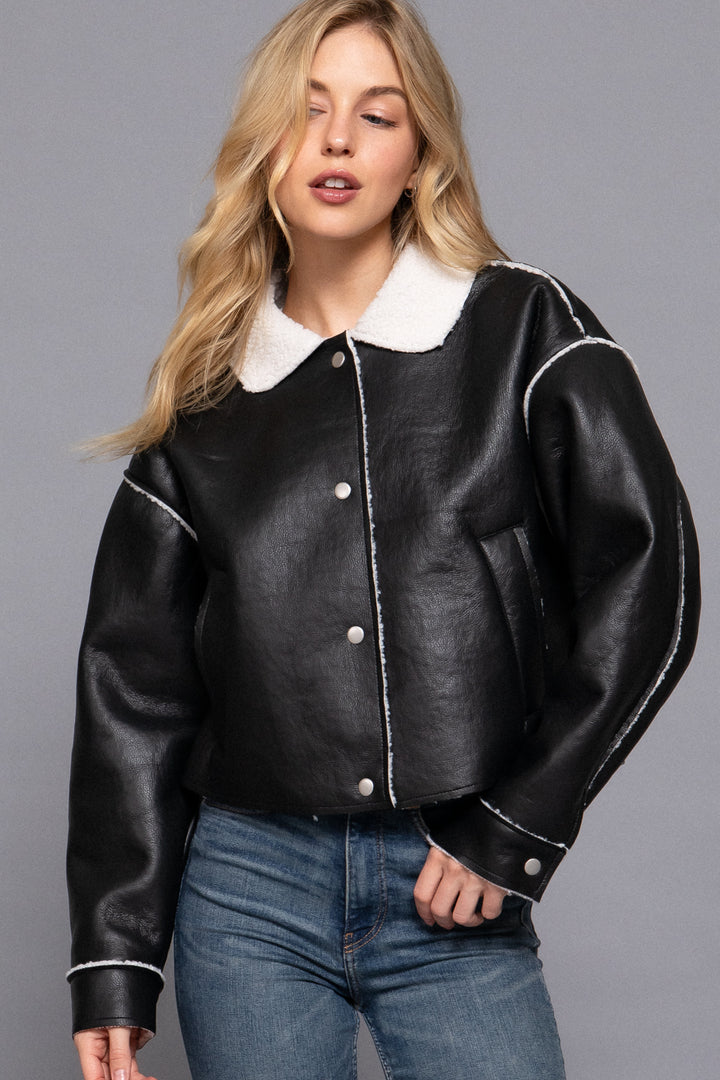 Sherpa-Lined Faux Leather Jacket