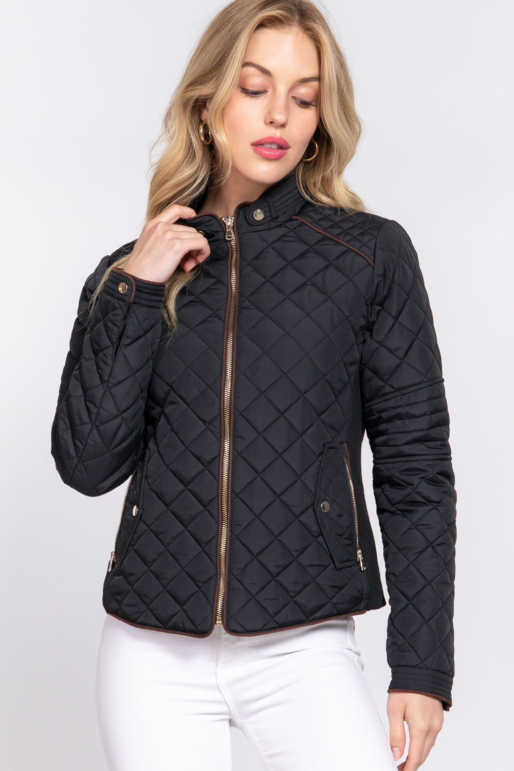 Quilted black suede piping jacket by Active USA, showcasing a stylish design with detailed stitching and a modern fit.
