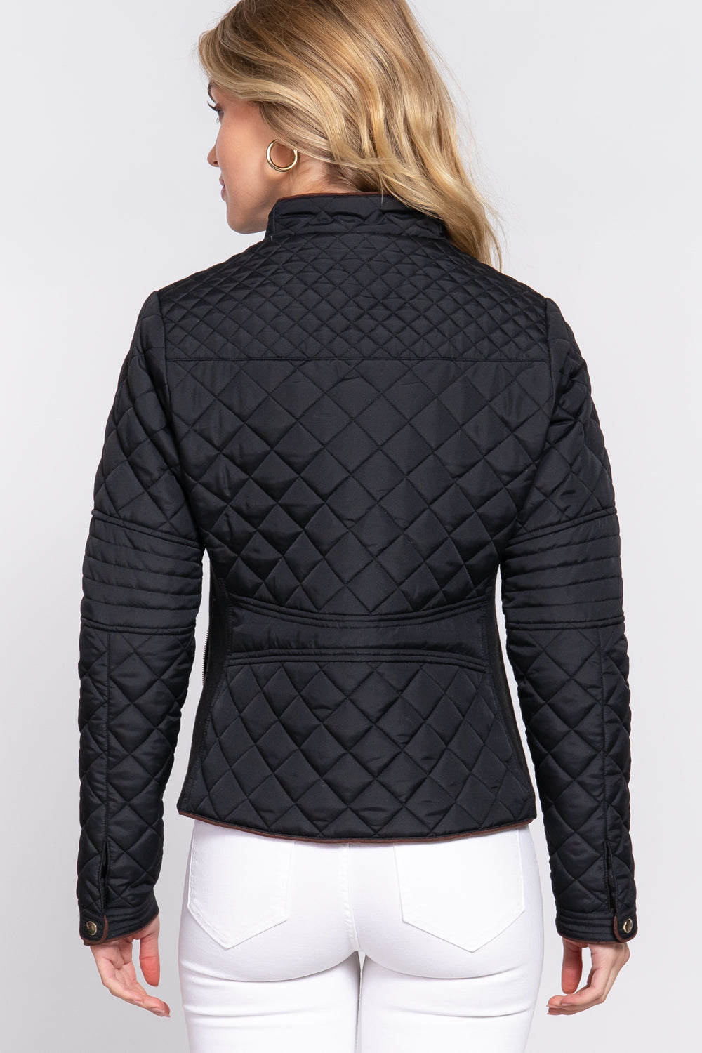 Quilted black suede piping jacket by Active USA, featuring stylish quilted texture and modern design for outwear.