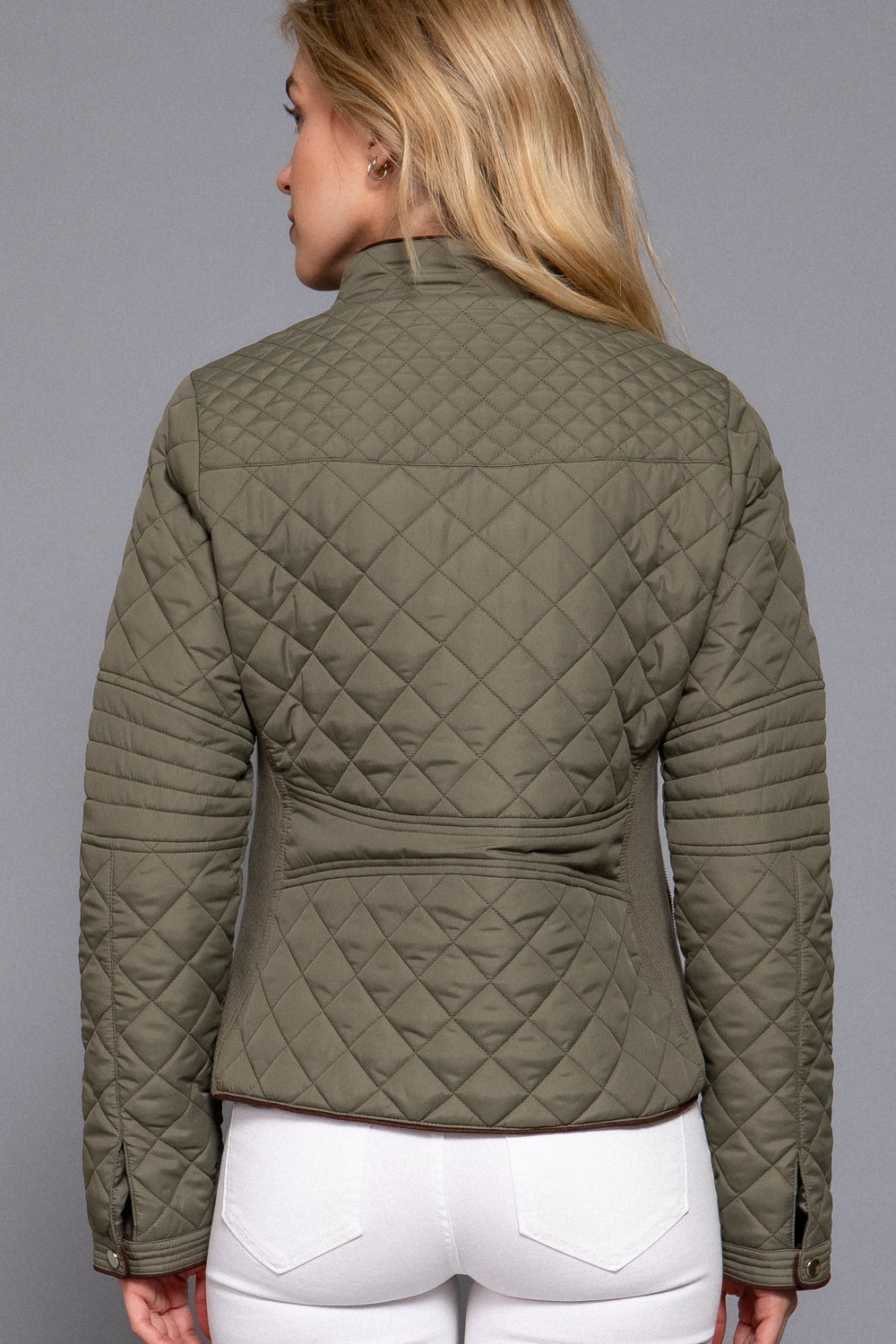 Quilted suede piping jacket in olive oil color from Active USA, showcasing a stylish and textured design.