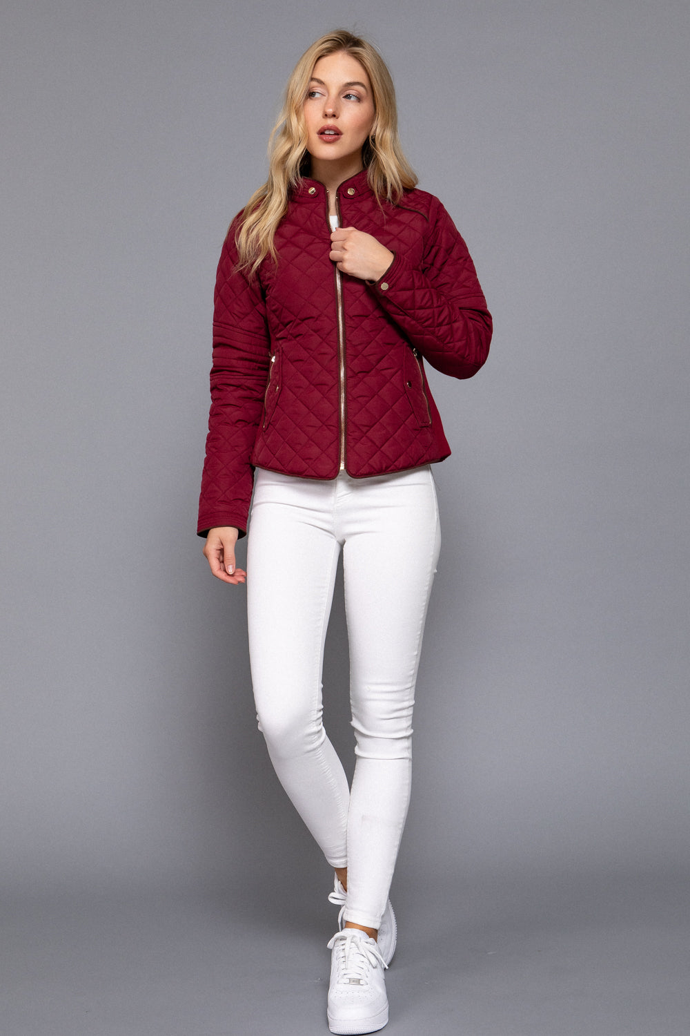 Quilted suede piping jacket in dark wine color by Active USA, featuring a stylish design and textured fabric.
