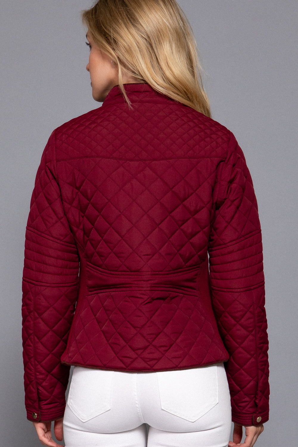 Quilted suede piping jacket in dark wine color by Active USA, featuring stylish details and a modern silhouette.