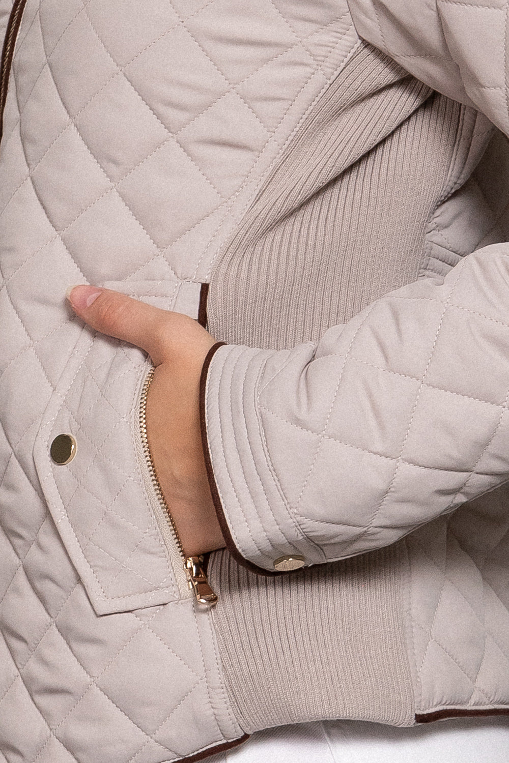 Quilted suede piping jacket by Active USA in taupe, featuring a stylish design and textured fabric for added warmth.