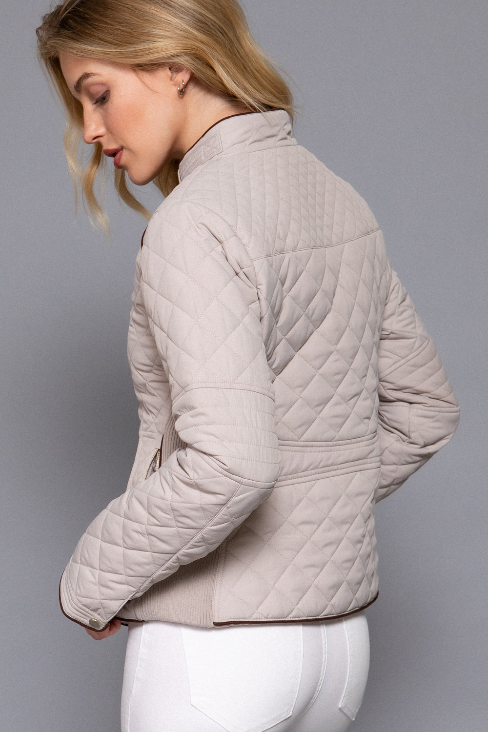 Quilted suede piping jacket in taupe from Active USA, featuring a stylish design and textured fabric for outerwear.