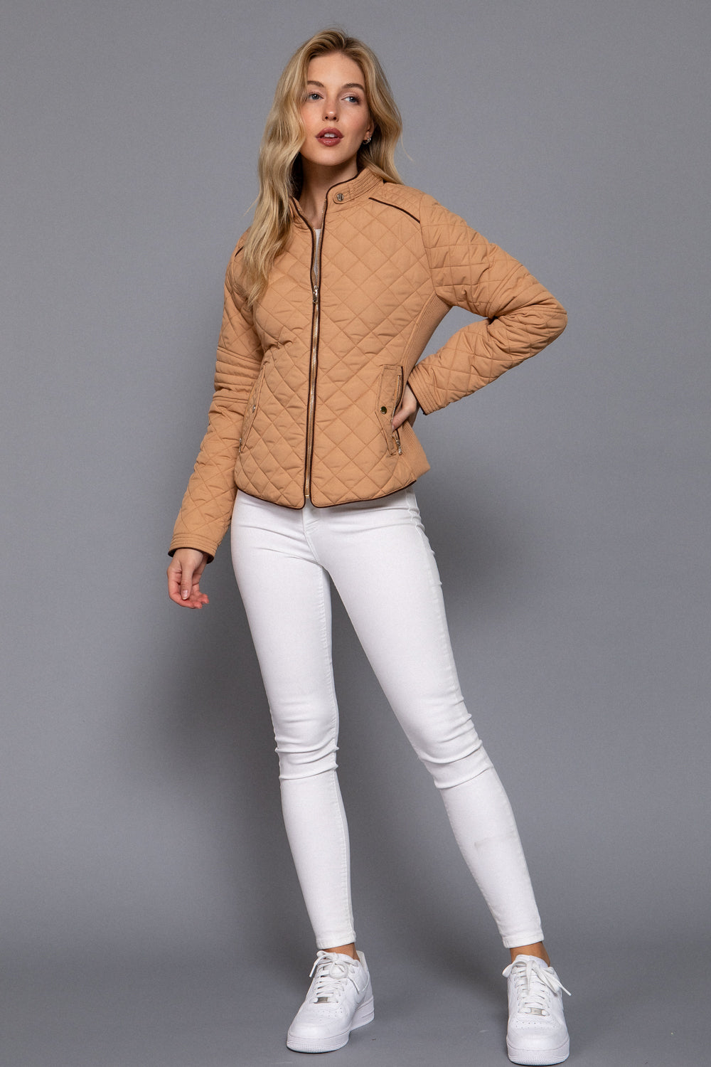 Quilted suede piping jacket in caramel color by Active USA, featuring a stylish design and textured fabric.