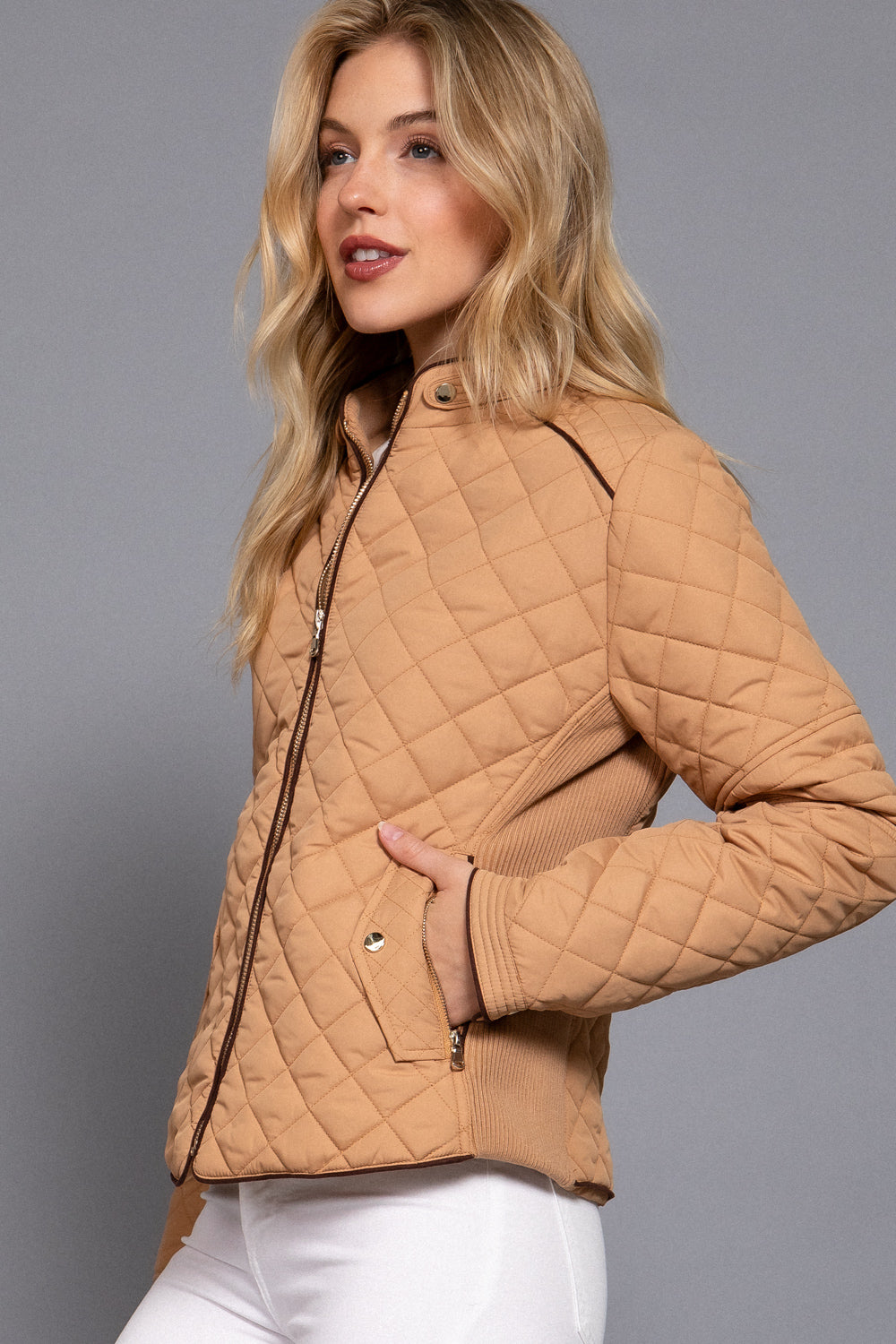Quilted suede piping jacket in caramel by Active USA, featuring a stylish design and textured fabric.