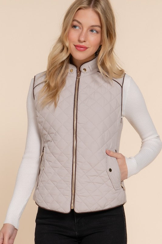 Active USA suede piping detail quilted padding vest, outwear with ribbed collar and quilted design, perfect for layered winter style.