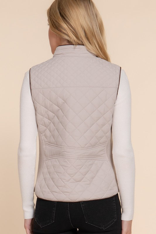 Active USA suede piping detail quilted padding vest with ribbed trim, outwear style, shown in image.