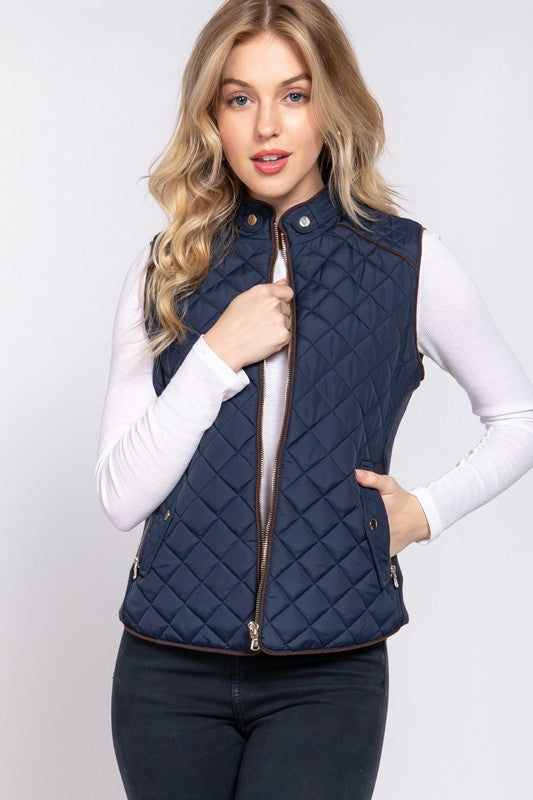 Active USA suede piping detail quilted padding vest, outwear with ribbed accents and quilted design, designed for warmth and style.