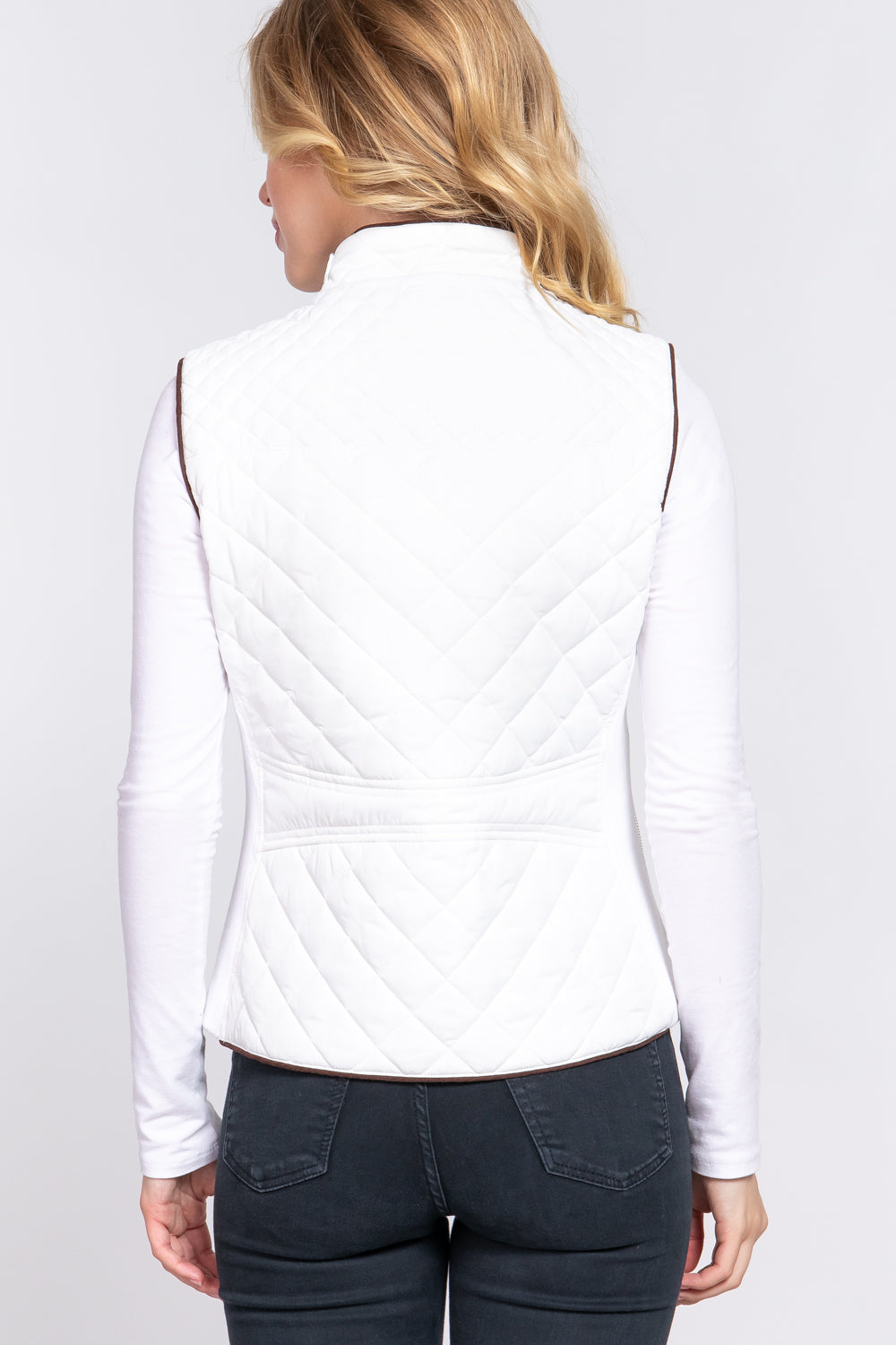 White suede piping detail quilted padding vest by Active USA, featuring ribbed accents and stylish outerwear design.
