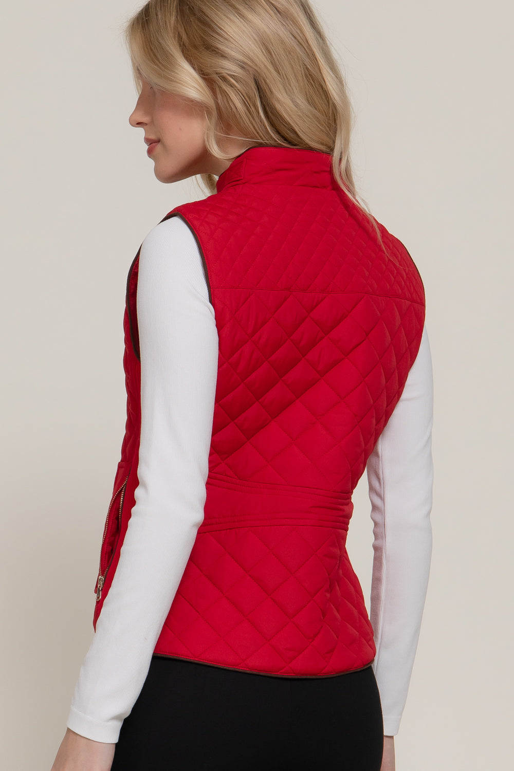 Red suede piping detail quilted padding vest by Active USA, stylish outwear with ribbed accents and quilted design.