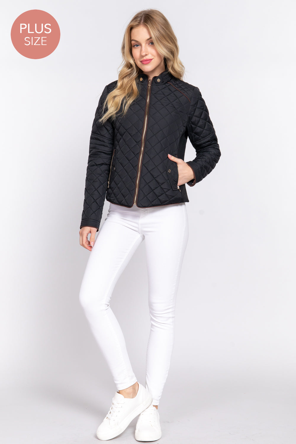 Plus Size Quilted Suede Piping Jacket