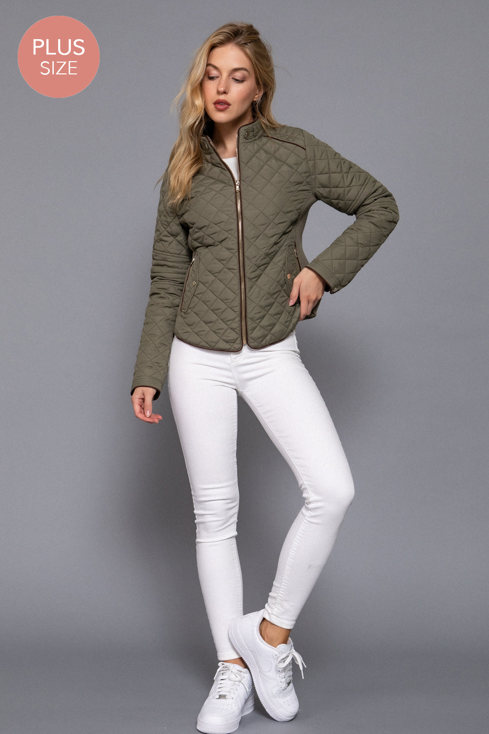 Plus Size Quilted Suede Piping Jacket
