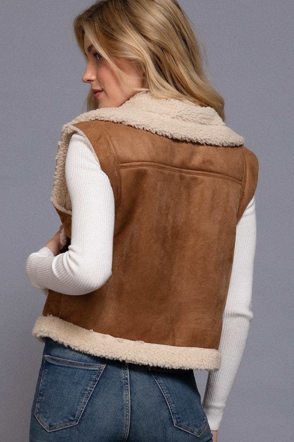 Camel faux suede sherpa-lined zip-up vest by Active USA, showing the soft exterior and cozy sherpa lining.