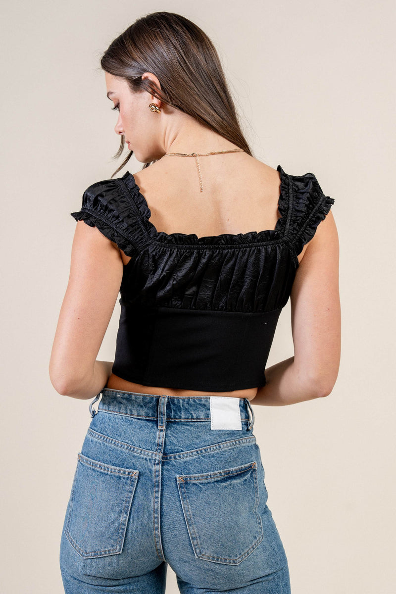 Satin Tie-Front Ruffle Bustier Crop Top